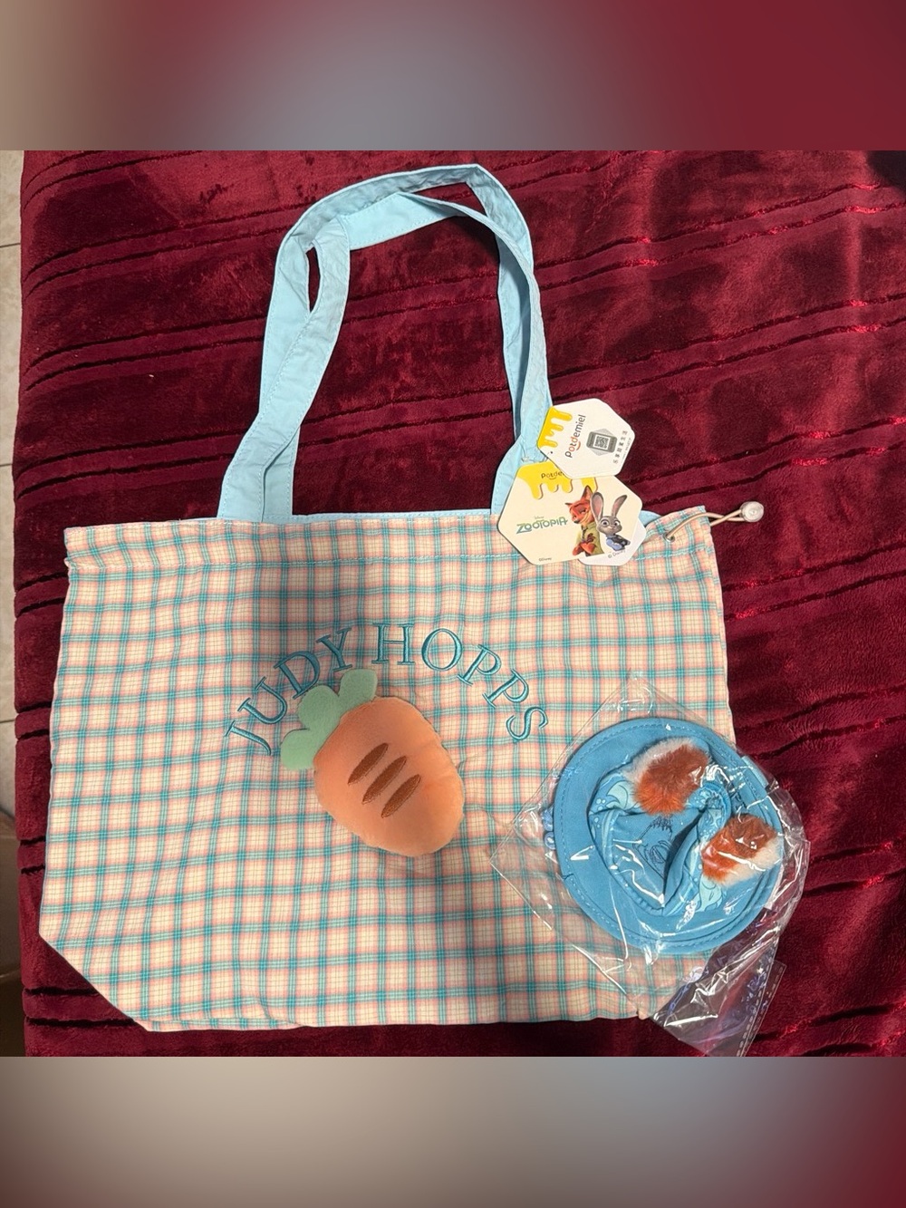 Topia Judy Hopps Tote Bag in Light Blue and Pink Plaid + Nick Coin Bag